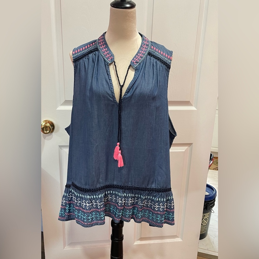 NEW ! Crown & Ivy Blue Embellished Blouse with Tie Front